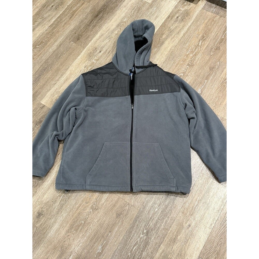 Reebok Men's Fleece Full Zip Hoodie Jacket Grey Black Quilted Shoulder- XL